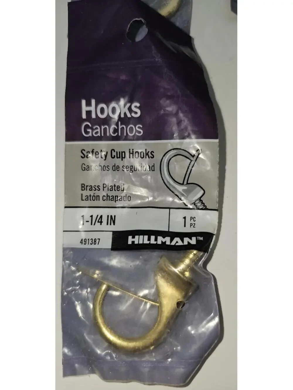 Hillman Brass Plated Safety Cup Hooks 1-1/4 Inch - 6 Pack